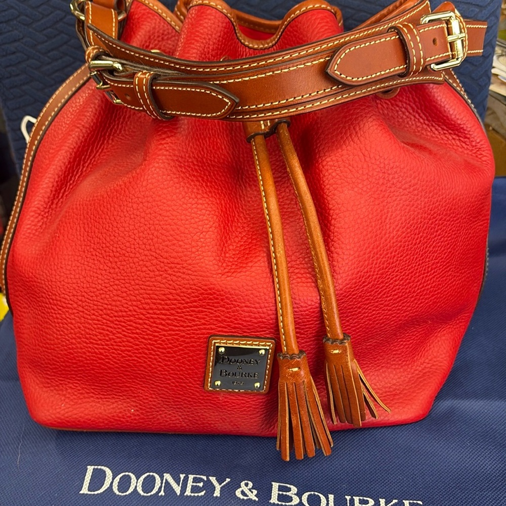 Dooney & Bourke Red Leather Drawstring Shoulder Bag with Brown Trim